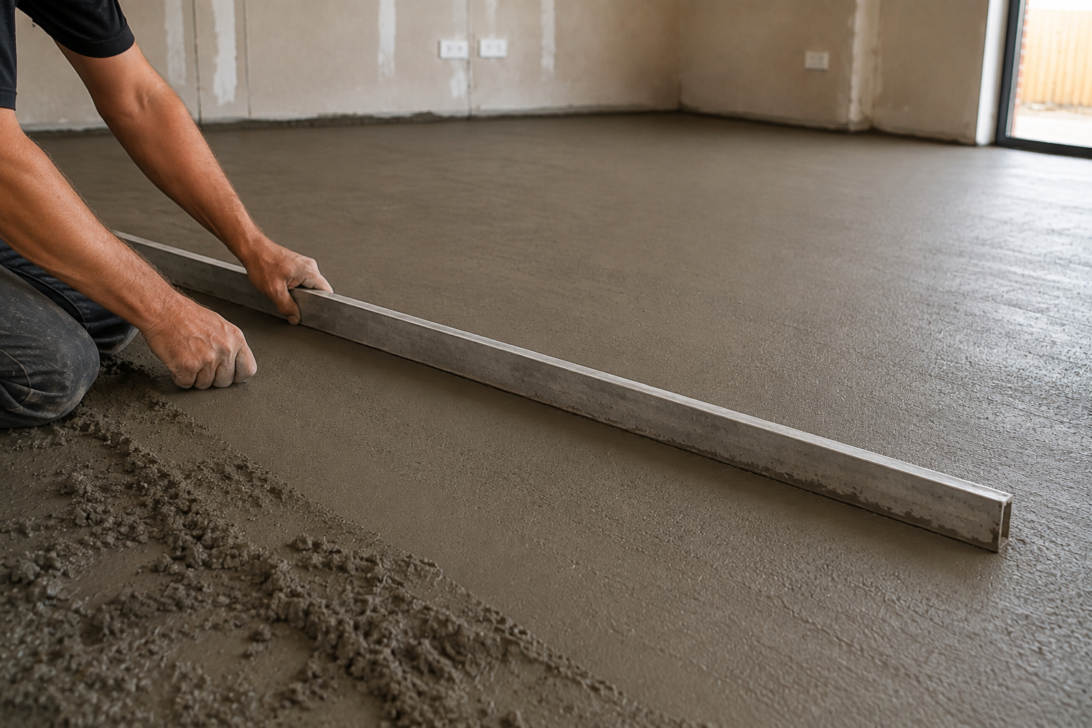 Tradesman levelling fresh floor screed with a long straight edge