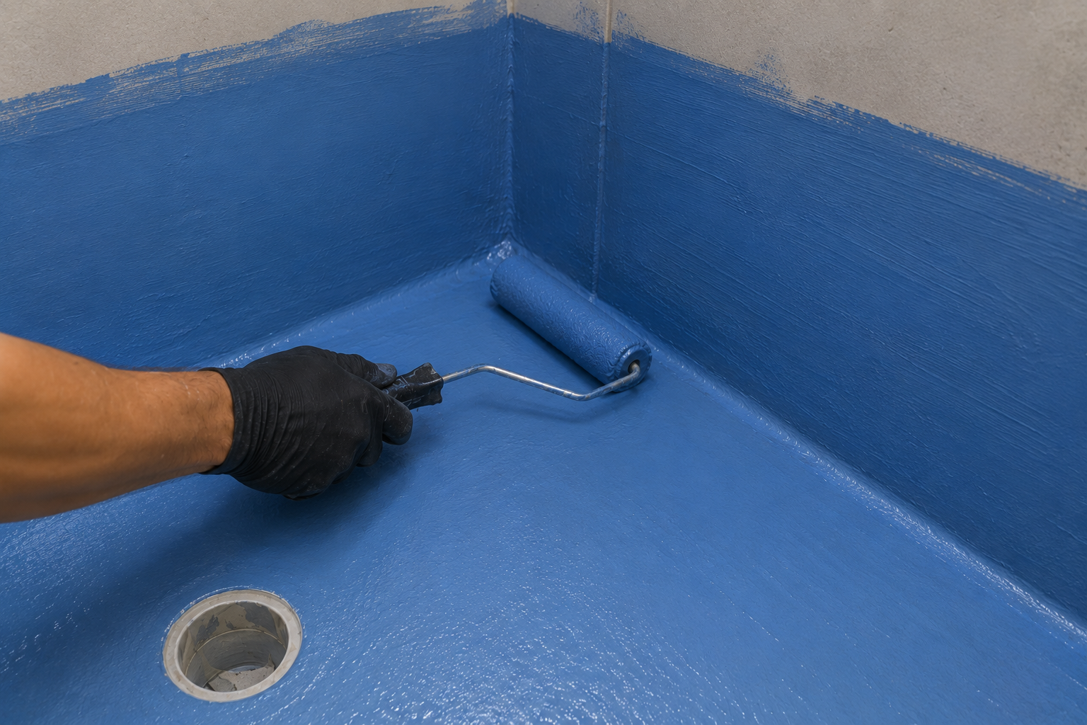 Blue waterproofing membrane being rolled onto a shower base and walls