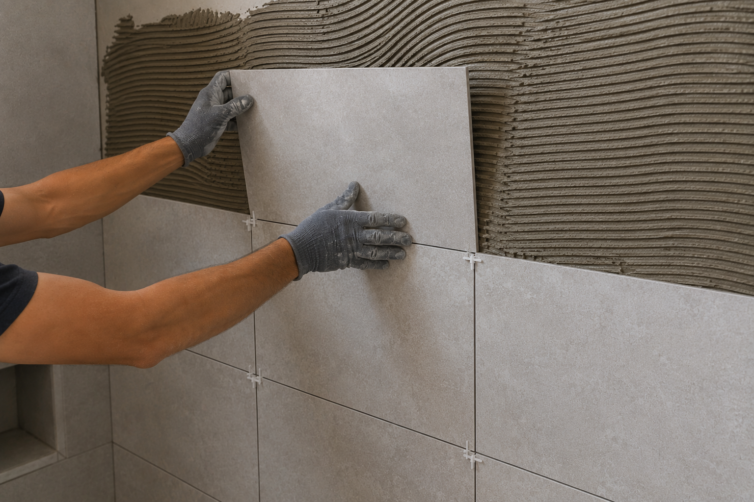 Tiler carefully positioning a large grey wall tile onto combed adhesive